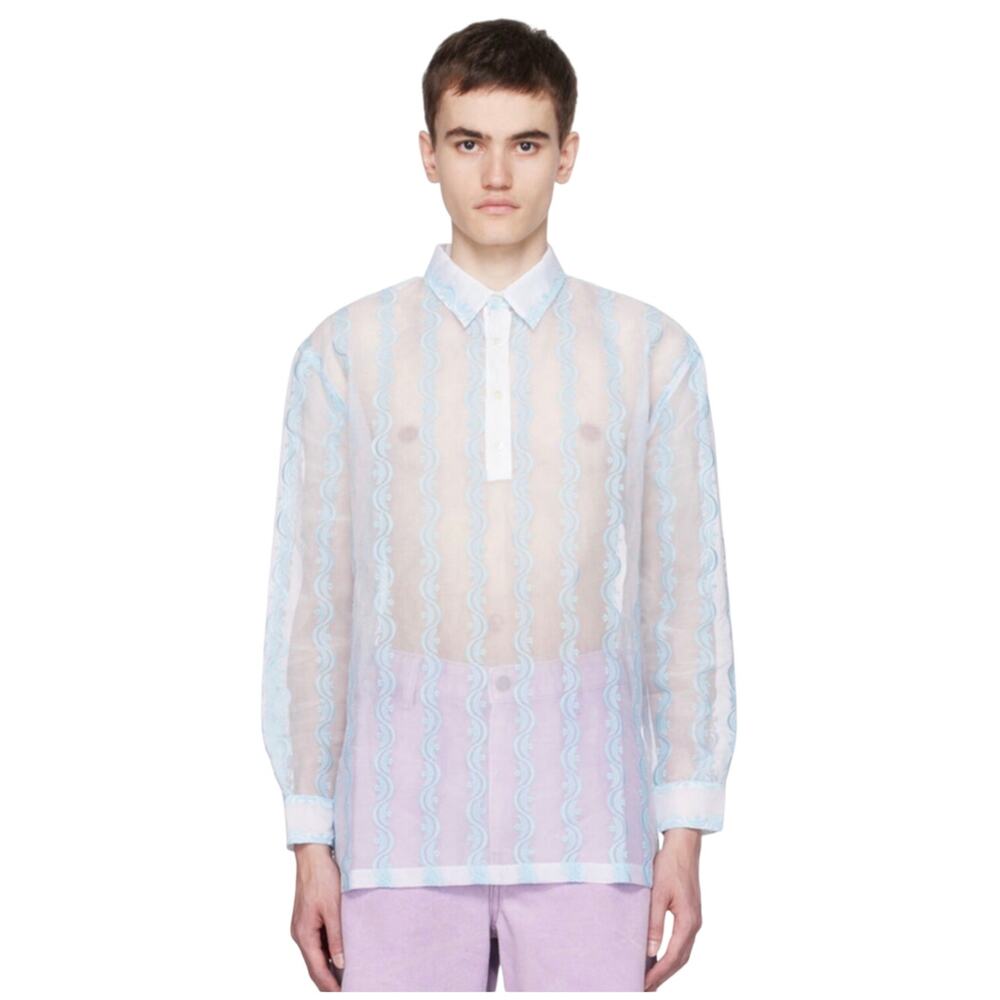 Sky High Farm Workwear Embroidered Sheer Cotton Shirt Men's S White Blue NWT